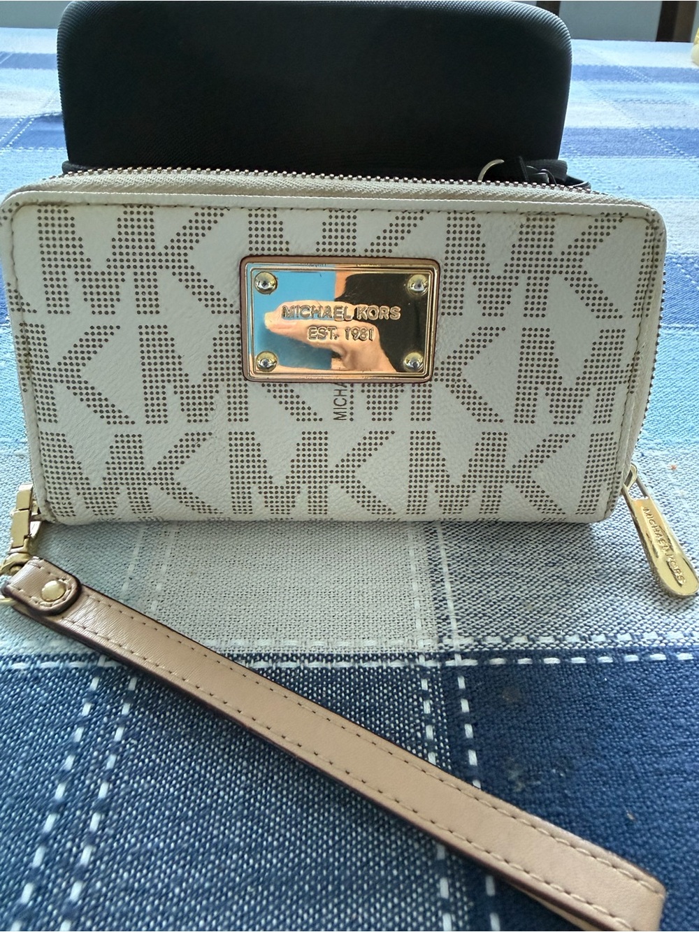 Michael Kors Beige Logo Wristlet with Gold Plaque